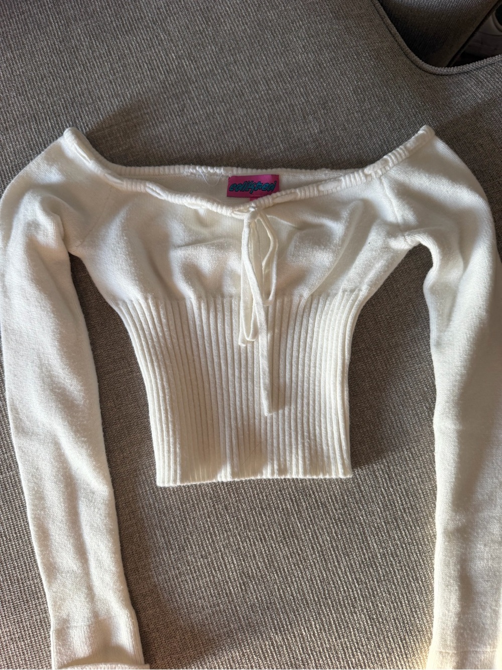 Edikted Cream Off-Shoulder Ribbed Tie-Front Sweater